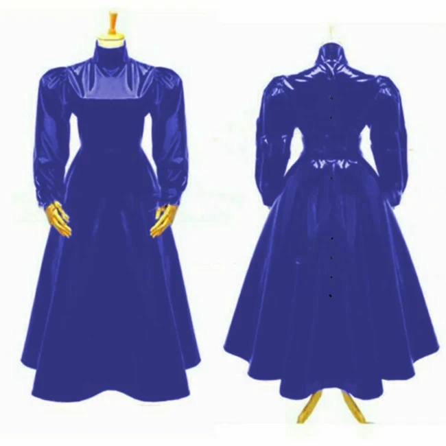 Women's Glossy High Neck Sheath Long Dress, Faux Latex, Full Sleeve, A Line Flare Dress, Party Gown, Club Outfit