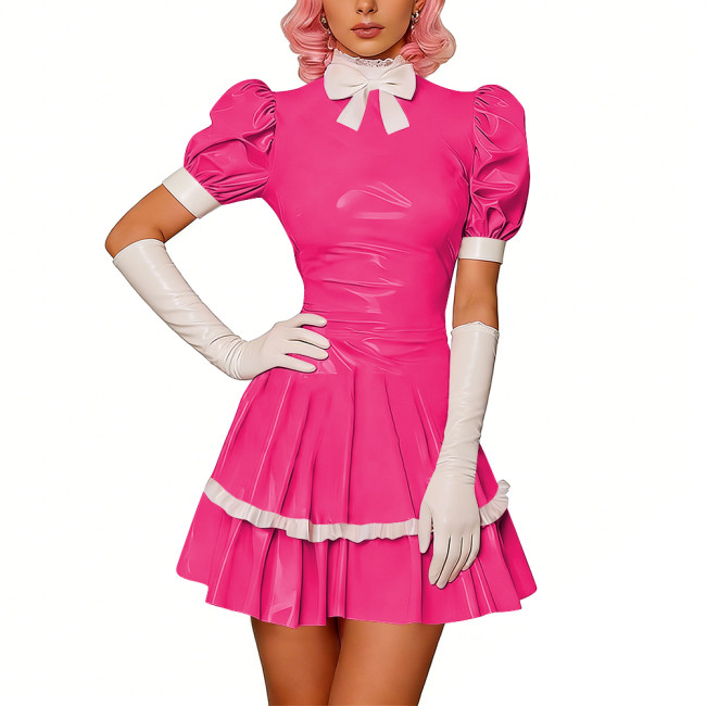 Sweet Glossy PVC Leather Party Maid Dress Halloween Lolita Puff Sleeve Uniforms Bow Collar Cosplay Costume French Crossdresser