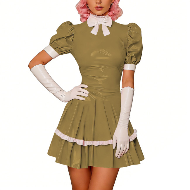 Sweet Glossy PVC Leather Party Maid Dress Halloween Lolita Puff Sleeve Uniforms Bow Collar Cosplay Costume French Crossdresser