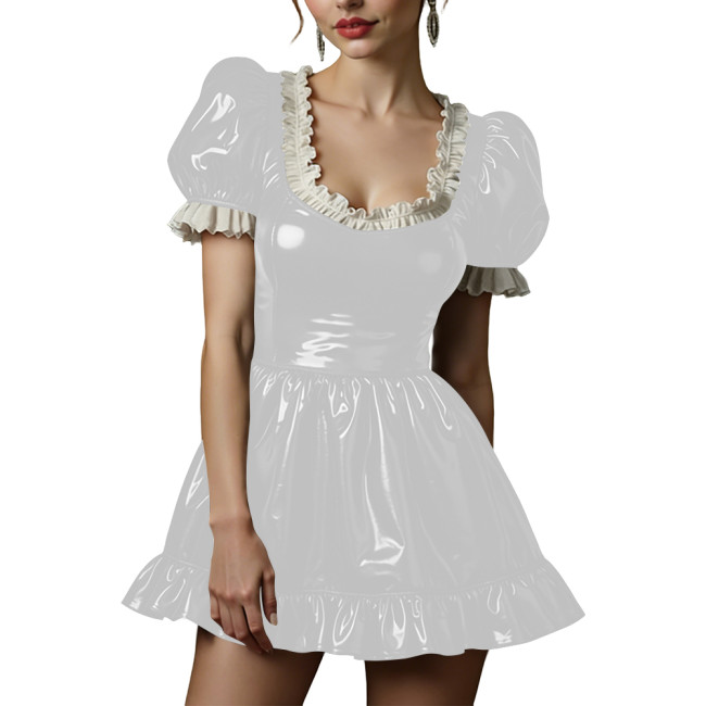 Sexy Back Zipper Wetlook PVC Maid Dress Cosplay A Line Skirt Short Puff Sleeve Mini Dress Contrast Ruffle Trim Fetish Outfit