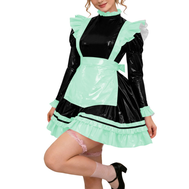 Glossy PVC Leather Long Sleeve Lolita Sexy Wetlook Cosplay Back Zipper Maid Dress A-Line Short Party Dress Women Apron Clubwear