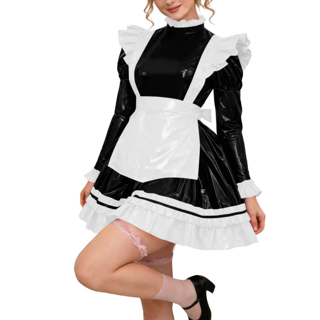 Glossy PVC Leather Long Sleeve Lolita Sexy Wetlook Cosplay Back Zipper Maid Dress A-Line Short Party Dress Women Apron Clubwear