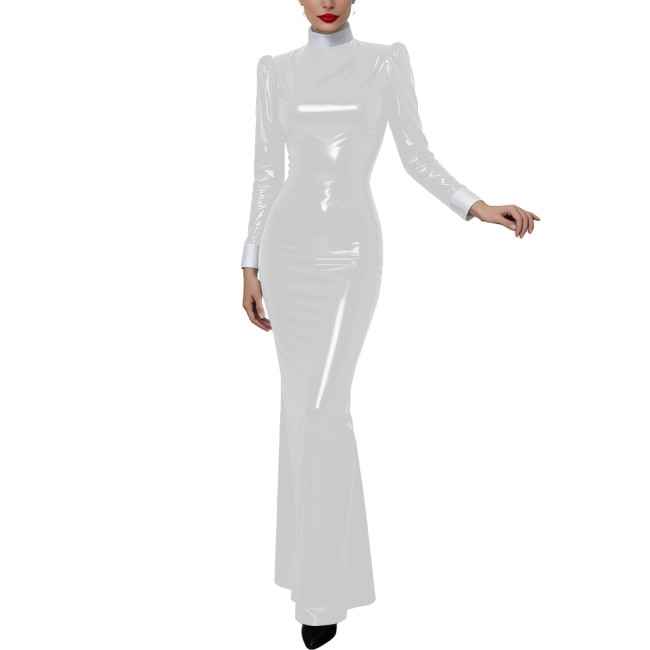 Halloween Women Cosplay Nun High Neck Maxi Dress Gothic Contrast Cuff Collar Bodycon Gown Shiny PVC Elegant Party Long Dress