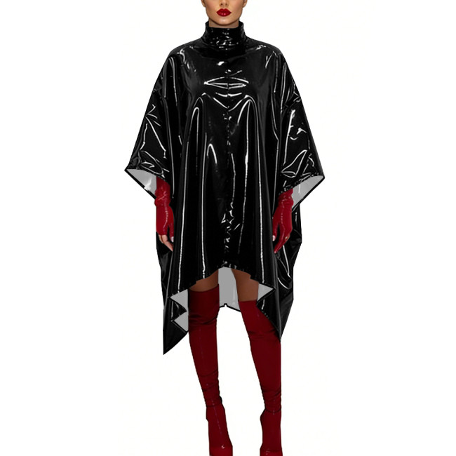 Glossy PVC Leather Sexy Dress Cosplay Batwing Sleeve Loose Fit Cape Party Dress Gothic High Neck Crossdresser Nightclub Wear
