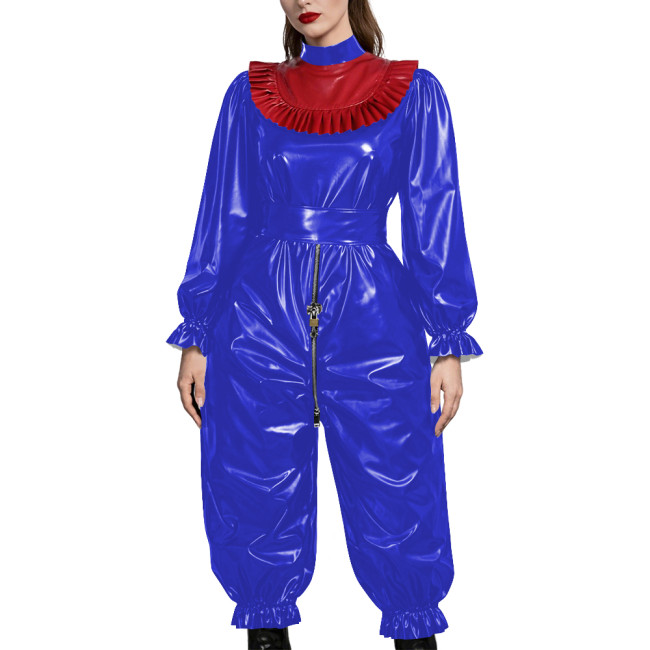 Adult Gothic Punk PVC Fetish Open-crotch Jumpsuit Shiny Vinyl Ruffle Trim Cosplay Sets Erotic Lock Zipper Nightclub Crossdresser