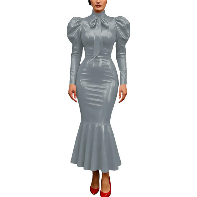 Vintage Glossy PVC Leather Dress High Neck Mermaid Dress Party Puff Sleeve Cosplay Bodycon Formal Bow Tie Gown Crossdresser
