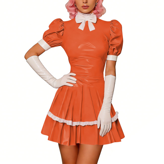 Sweet Glossy PVC Leather Party Maid Dress Halloween Lolita Puff Sleeve Uniforms Bow Collar Cosplay Costume French Crossdresser