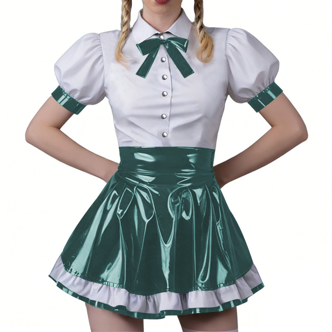 Women Fashion Forward Vinyl PVC Bodycon Maid Sets Sweet Puff Sleeve Sexy Top Party Cosplay Unifom Contrast Ruffle Clubwear Skirt