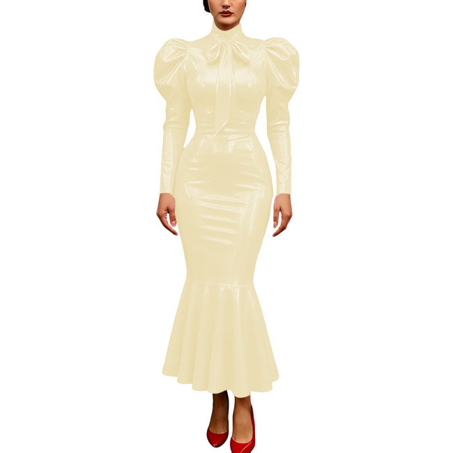Vintage Glossy PVC Leather Dress High Neck Mermaid Dress Party Puff Sleeve Cosplay Bodycon Formal Bow Tie Gown Crossdresser
