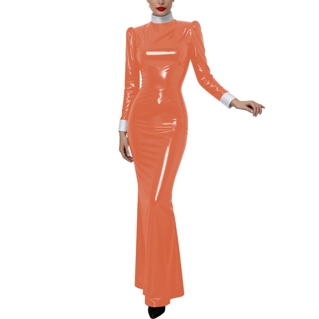 Halloween Women Cosplay Nun High Neck Maxi Dress Gothic Contrast Cuff Collar Bodycon Gown Shiny PVC Elegant Party Long Dress
