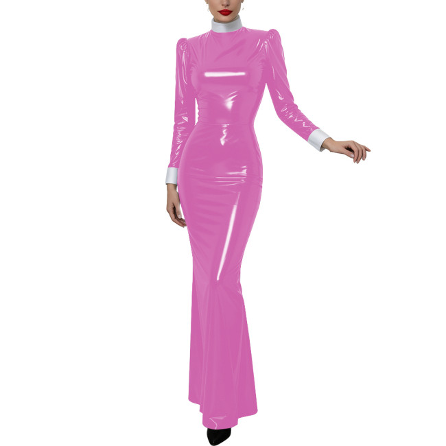 Halloween Women Cosplay Nun High Neck Maxi Dress Gothic Contrast Cuff Collar Bodycon Gown Shiny PVC Elegant Party Long Dress