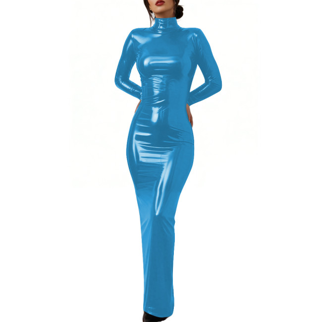 Elegant Glossy PVC Leather Lockable Dress High Neck Cosplay Maxi Dress Sexy Bodycon Long Sleeve Formal Party Gown Crossdresser