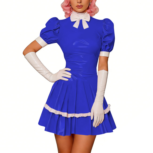 Sweet Glossy PVC Leather Party Maid Dress Halloween Lolita Puff Sleeve Uniforms Bow Collar Cosplay Costume French Crossdresser