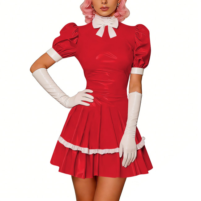 Sweet Glossy PVC Leather Party Maid Dress Halloween Lolita Puff Sleeve Uniforms Bow Collar Cosplay Costume French Crossdresser