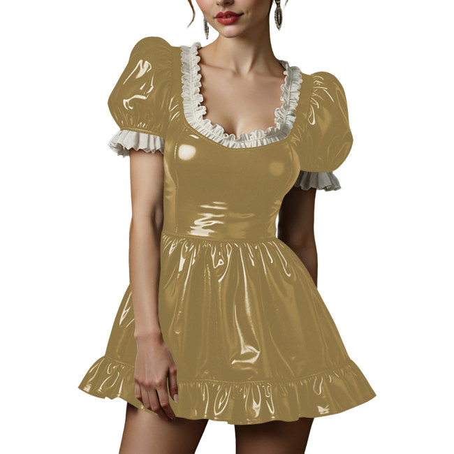 Sexy Back Zipper Wetlook PVC Maid Dress Cosplay A Line Skirt Short Puff Sleeve Mini Dress Contrast Ruffle Trim Fetish Outfit