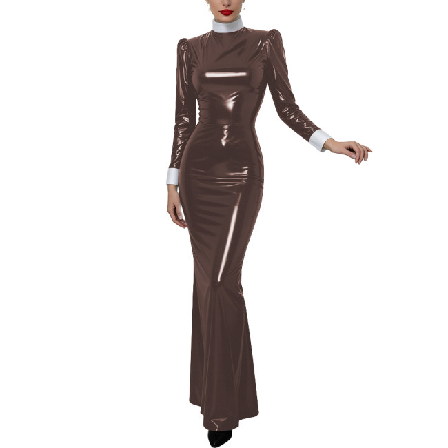 Halloween Women Cosplay Nun High Neck Maxi Dress Gothic Contrast Cuff Collar Bodycon Gown Shiny PVC Elegant Party Long Dress