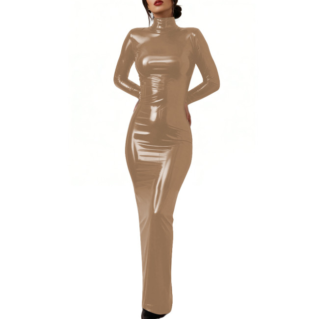 Elegant Glossy PVC Leather Lockable Dress High Neck Cosplay Maxi Dress Sexy Bodycon Long Sleeve Formal Party Gown Crossdresser