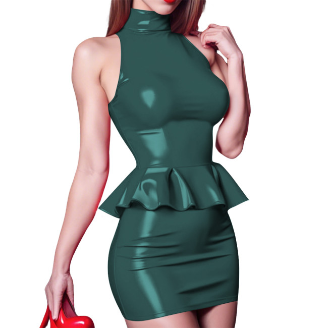 Glossy Wetlook PVC Bodycon Performance Dress Sleeveless High Neck Back Party Zip Stylish Peplum Mini Gown Nightclub Sexy Wear