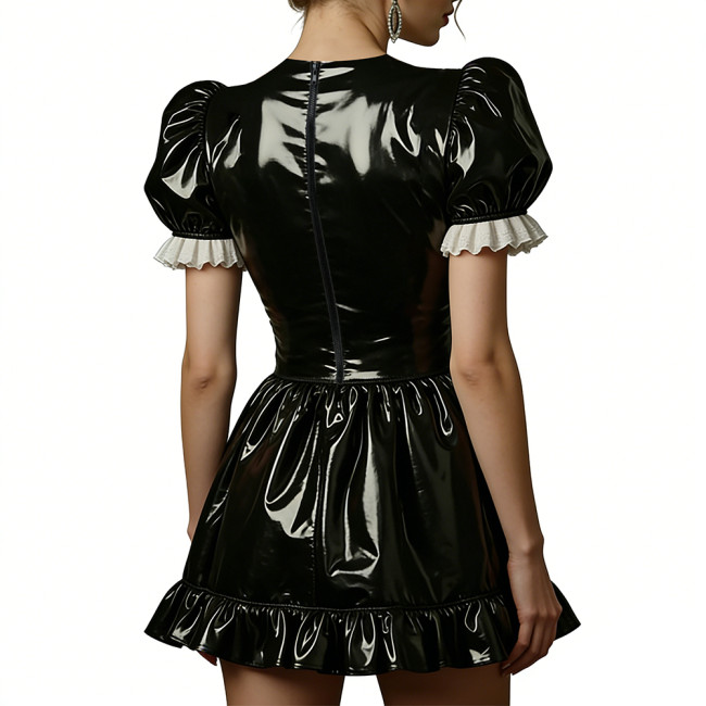 Sexy Back Zipper Wetlook PVC Maid Dress Cosplay A Line Skirt Short Puff Sleeve Mini Dress Contrast Ruffle Trim Fetish Outfit