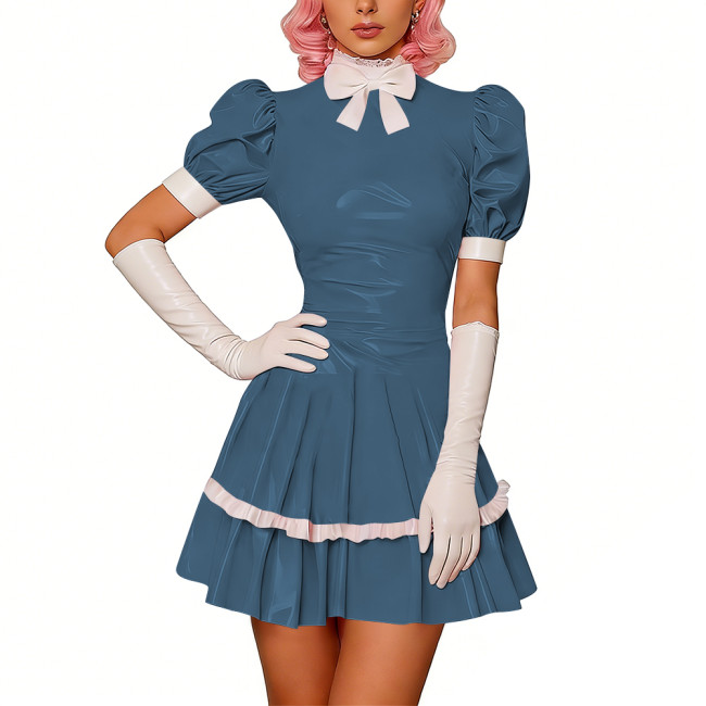 Sweet Glossy PVC Leather Party Maid Dress Halloween Lolita Puff Sleeve Uniforms Bow Collar Cosplay Costume French Crossdresser
