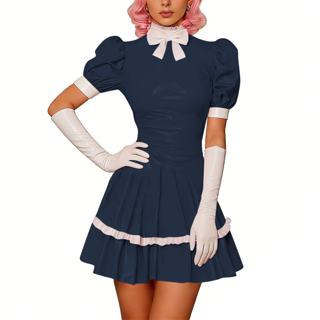 Sweet Glossy PVC Leather Party Maid Dress Halloween Lolita Puff Sleeve Uniforms Bow Collar Cosplay Costume French Crossdresser
