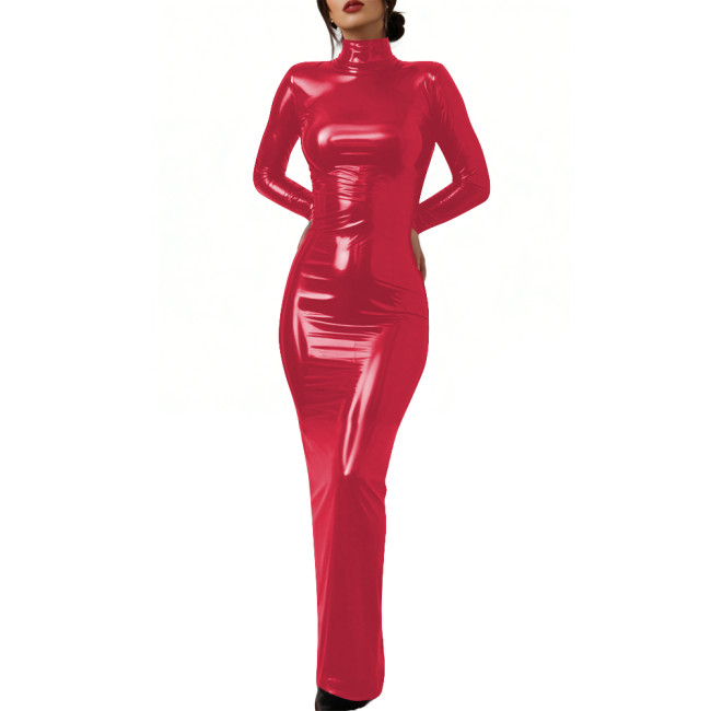 Elegant Glossy PVC Leather Lockable Dress High Neck Cosplay Maxi Dress Sexy Bodycon Long Sleeve Formal Party Gown Crossdresser