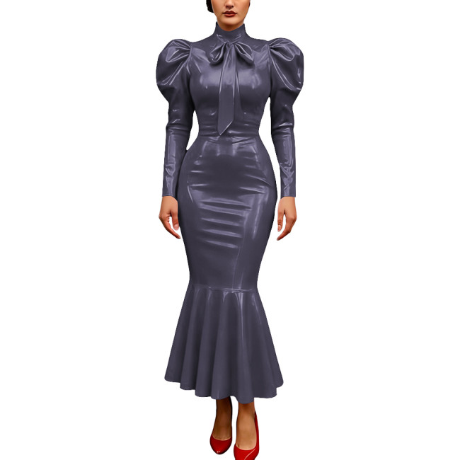 Vintage Glossy PVC Leather Dress High Neck Mermaid Dress Party Puff Sleeve Cosplay Bodycon Formal Bow Tie Gown Crossdresser