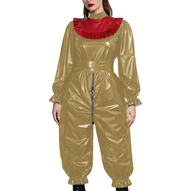 Adult Gothic Punk PVC Fetish Open-crotch Jumpsuit Shiny Vinyl Ruffle Trim Cosplay Sets Erotic Lock Zipper Nightclub Crossdresser