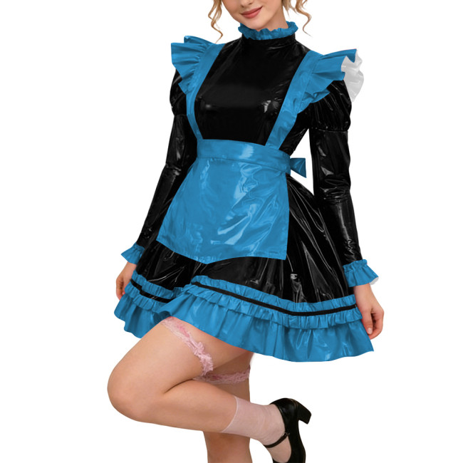 Glossy PVC Leather Long Sleeve Lolita Sexy Wetlook Cosplay Back Zipper Maid Dress A-Line Short Party Dress Women Apron Clubwear