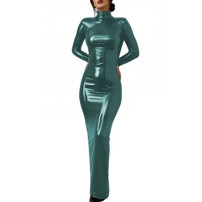Elegant Glossy PVC Leather Lockable Dress High Neck Cosplay Maxi Dress Sexy Bodycon Long Sleeve Formal Party Gown Crossdresser