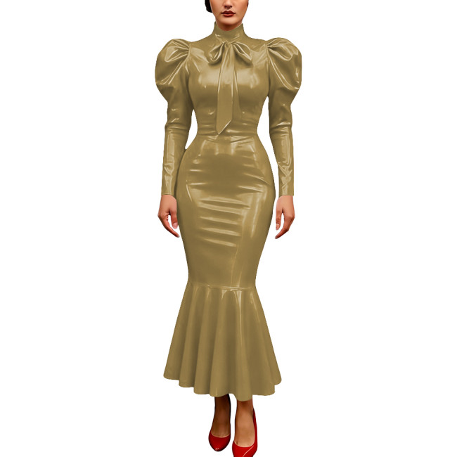 Vintage Glossy PVC Leather Dress High Neck Mermaid Dress Party Puff Sleeve Cosplay Bodycon Formal Bow Tie Gown Crossdresser