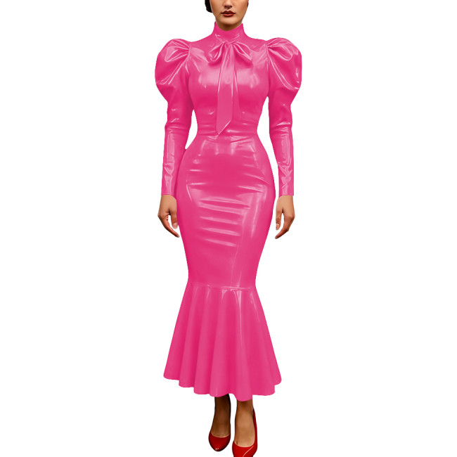 Vintage Glossy PVC Leather Dress High Neck Mermaid Dress Party Puff Sleeve Cosplay Bodycon Formal Bow Tie Gown Crossdresser