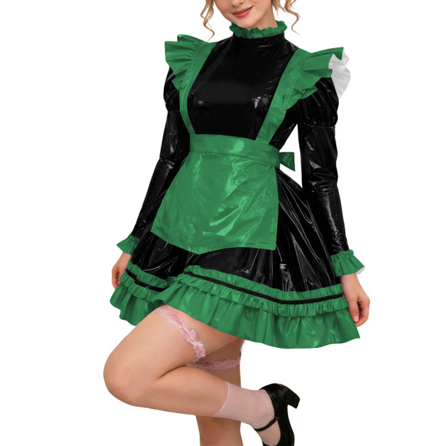 Glossy PVC Leather Long Sleeve Lolita Sexy Wetlook Cosplay Back Zipper Maid Dress A-Line Short Party Dress Women Apron Clubwear