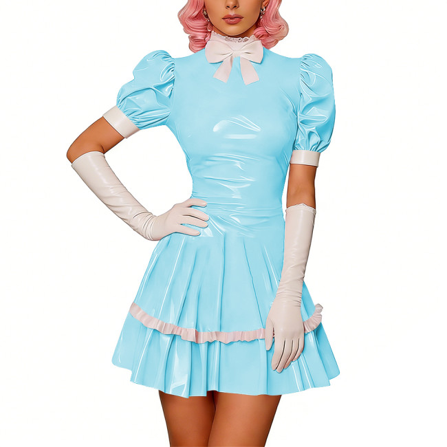 Sweet Glossy PVC Leather Party Maid Dress Halloween Lolita Puff Sleeve Uniforms Bow Collar Cosplay Costume French Crossdresser