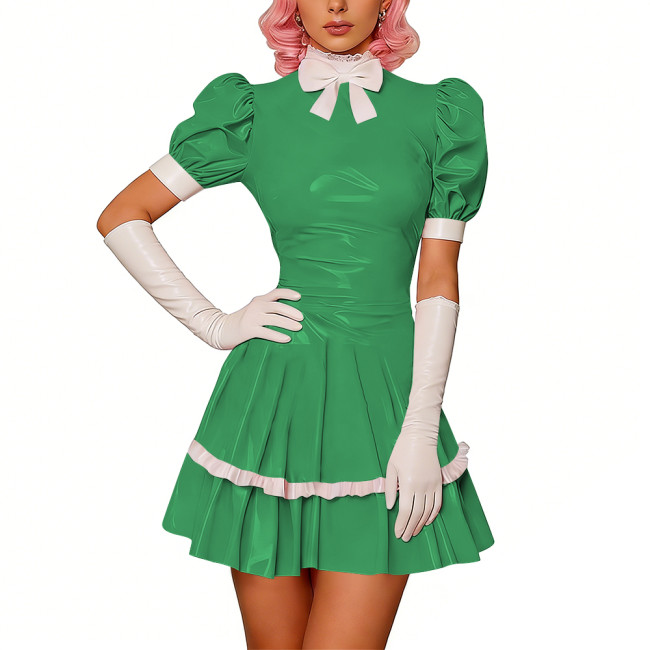 Sweet Glossy PVC Leather Party Maid Dress Halloween Lolita Puff Sleeve Uniforms Bow Collar Cosplay Costume French Crossdresser
