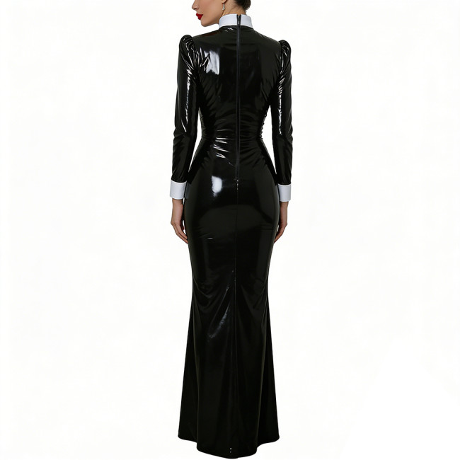 Halloween Women Cosplay Nun High Neck Maxi Dress Gothic Contrast Cuff Collar Bodycon Gown Shiny PVC Elegant Party Long Dress