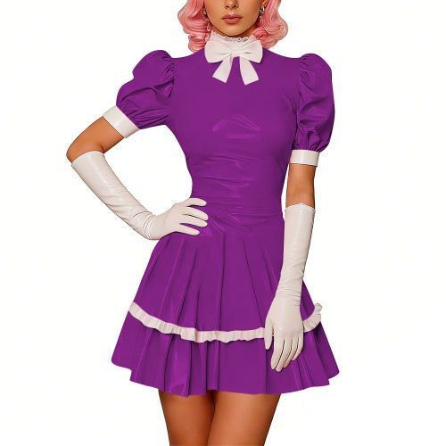Sweet Glossy PVC Leather Party Maid Dress Halloween Lolita Puff Sleeve Uniforms Bow Collar Cosplay Costume French Crossdresser