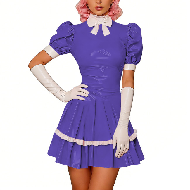 Sweet Glossy PVC Leather Party Maid Dress Halloween Lolita Puff Sleeve Uniforms Bow Collar Cosplay Costume French Crossdresser