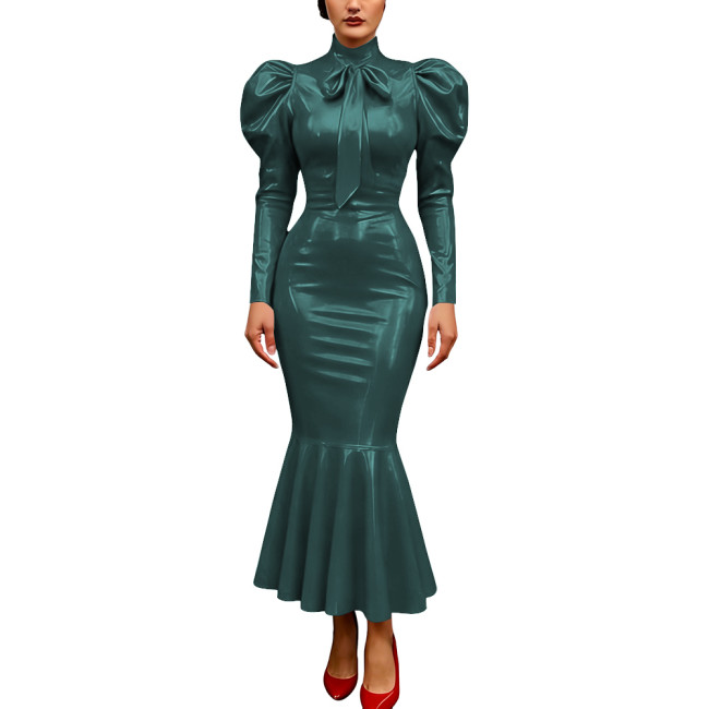 Vintage Glossy PVC Leather Dress High Neck Mermaid Dress Party Puff Sleeve Cosplay Bodycon Formal Bow Tie Gown Crossdresser