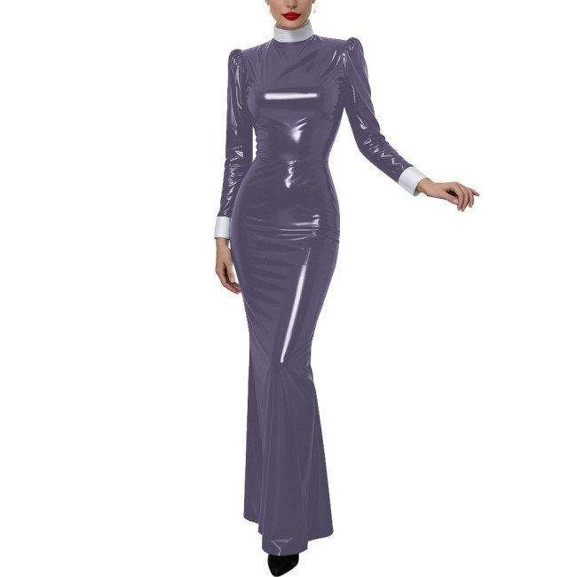 Halloween Women Cosplay Nun High Neck Maxi Dress Gothic Contrast Cuff Collar Bodycon Gown Shiny PVC Elegant Party Long Dress
