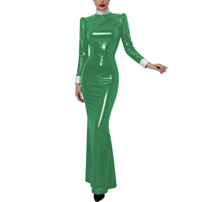Halloween Women Cosplay Nun High Neck Maxi Dress Gothic Contrast Cuff Collar Bodycon Gown Shiny PVC Elegant Party Long Dress