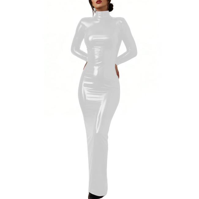 Elegant Glossy PVC Leather Lockable Dress High Neck Cosplay Maxi Dress Sexy Bodycon Long Sleeve Formal Party Gown Crossdresser