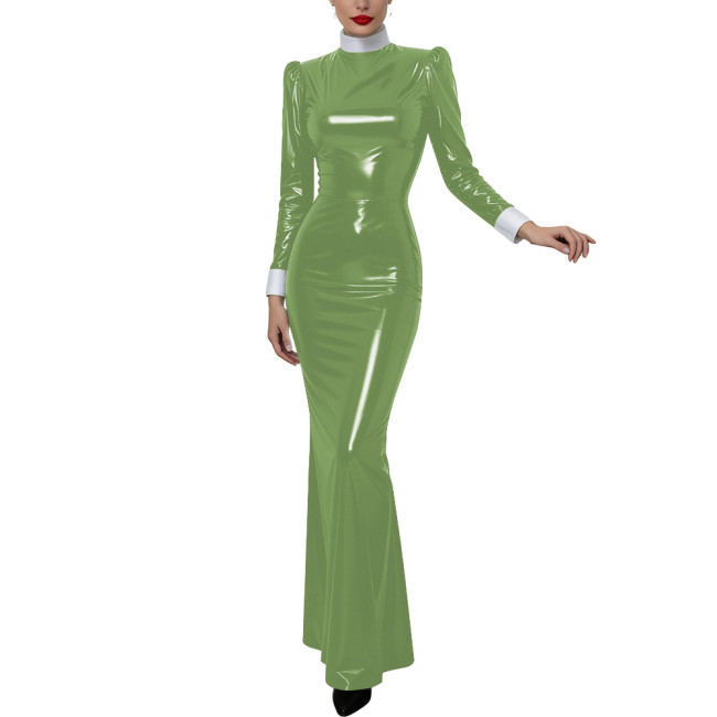 Halloween Women Cosplay Nun High Neck Maxi Dress Gothic Contrast Cuff Collar Bodycon Gown Shiny PVC Elegant Party Long Dress