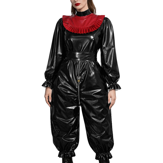 Adult Gothic Punk PVC Fetish Open-crotch Jumpsuit Shiny Vinyl Ruffle Trim Cosplay Sets Erotic Lock Zipper Nightclub Crossdresser