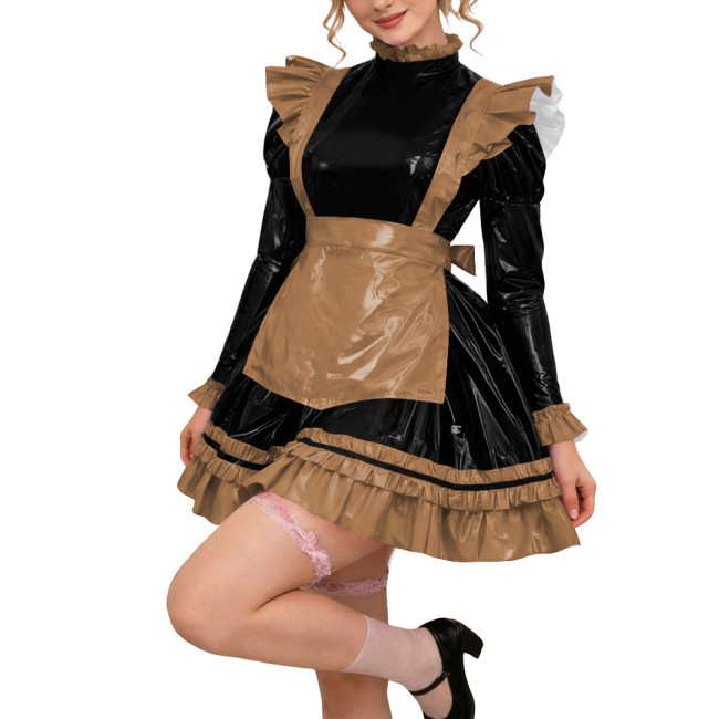 Glossy PVC Leather Long Sleeve Lolita Sexy Wetlook Cosplay Back Zipper Maid Dress A-Line Short Party Dress Women Apron Clubwear