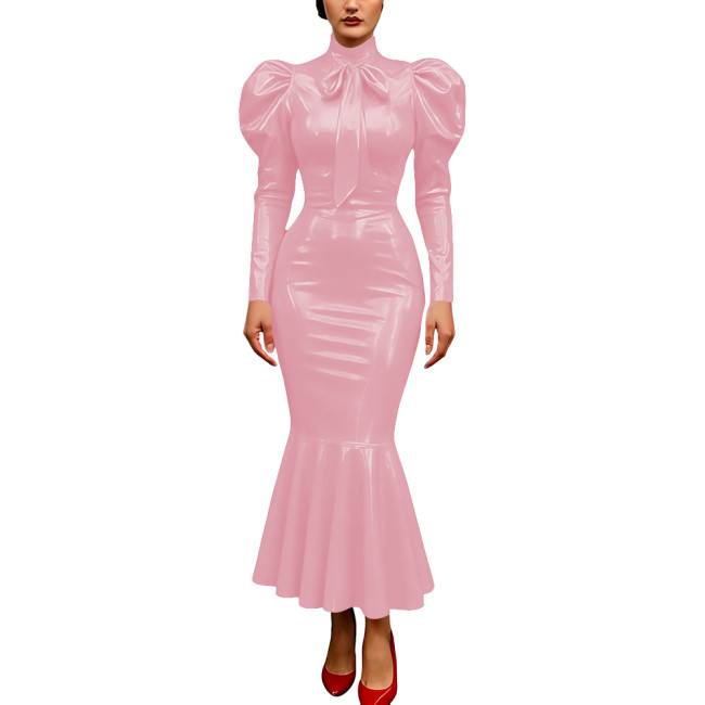 Vintage Glossy PVC Leather Dress High Neck Mermaid Dress Party Puff Sleeve Cosplay Bodycon Formal Bow Tie Gown Crossdresser