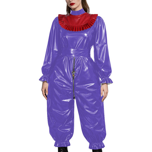 Adult Gothic Punk PVC Fetish Open-crotch Jumpsuit Shiny Vinyl Ruffle Trim Cosplay Sets Erotic Lock Zipper Nightclub Crossdresser