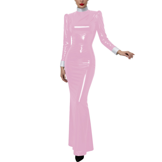 Halloween Women Cosplay Nun High Neck Maxi Dress Gothic Contrast Cuff Collar Bodycon Gown Shiny PVC Elegant Party Long Dress
