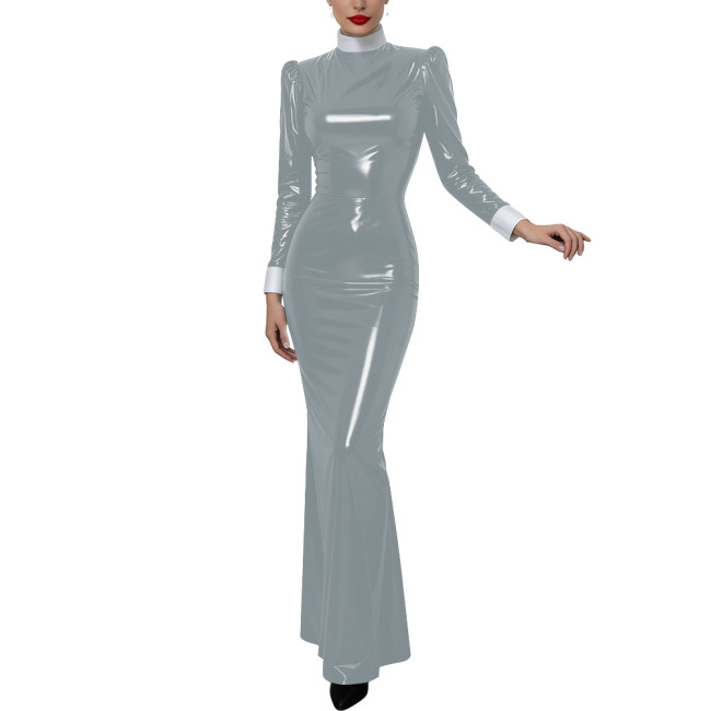 Halloween Women Cosplay Nun High Neck Maxi Dress Gothic Contrast Cuff Collar Bodycon Gown Shiny PVC Elegant Party Long Dress