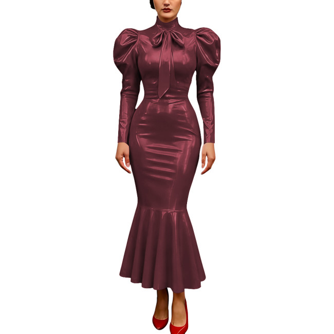 Vintage Glossy PVC Leather Dress High Neck Mermaid Dress Party Puff Sleeve Cosplay Bodycon Formal Bow Tie Gown Crossdresser